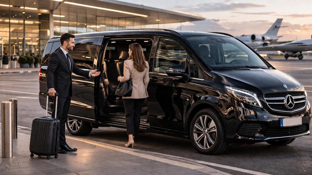 Chauffeur opening the door of a black people carrier for a passenger at an airport meet and greet pickup