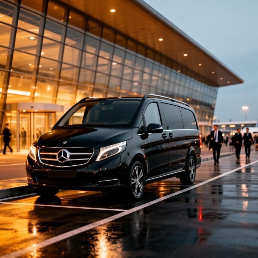 Black people carrier waiting outside an airport terminal at dusk