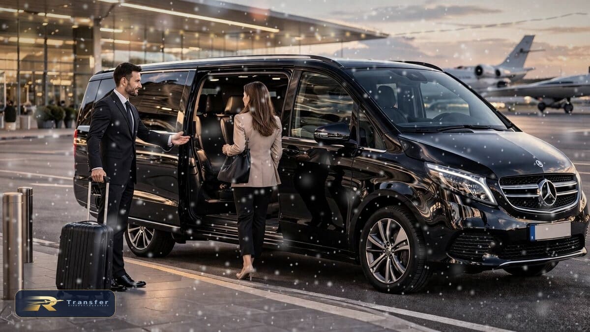 Chauffeur welcoming a passenger into a black Mercedes V-Class at the airport as snow falls over Christmas