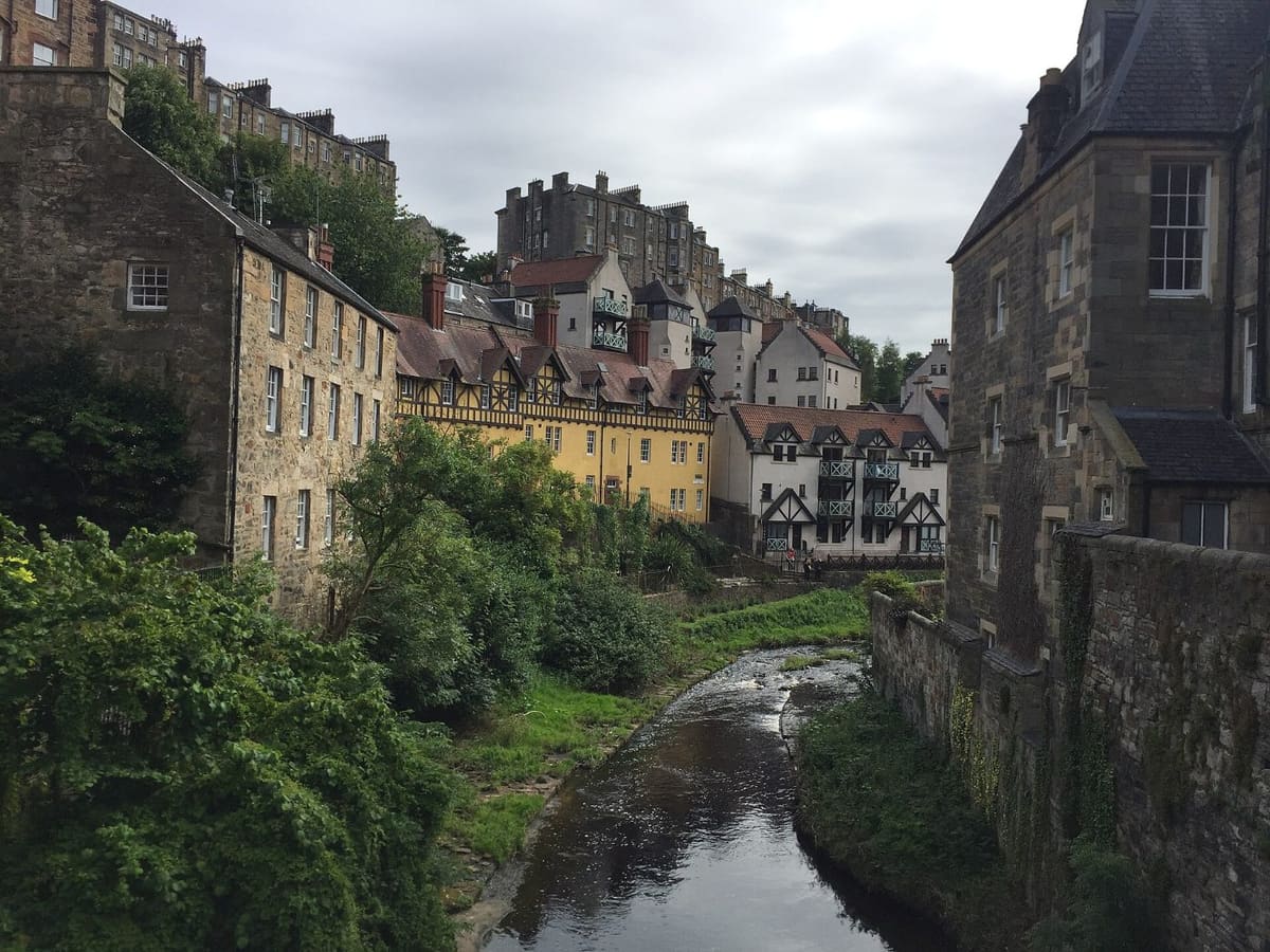 Old mill buildings of Dean Village beside the Water of Leith in Edinburgh