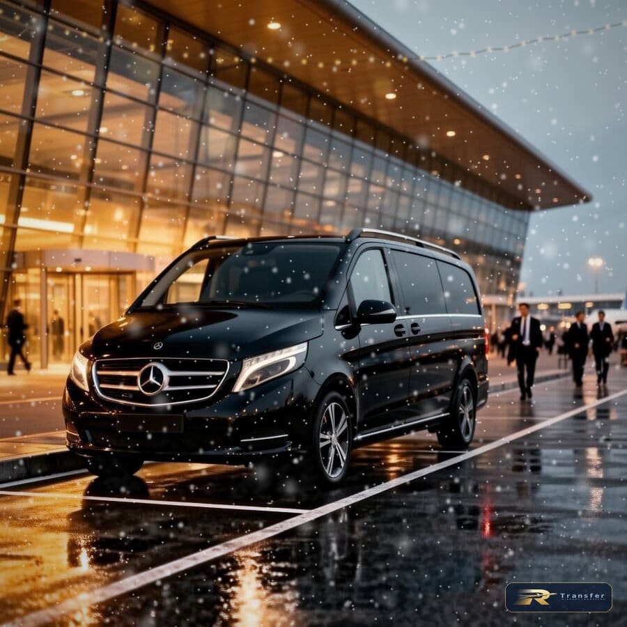 Black Mercedes V-Class waiting outside an airport terminal in falling snow on a winter evening