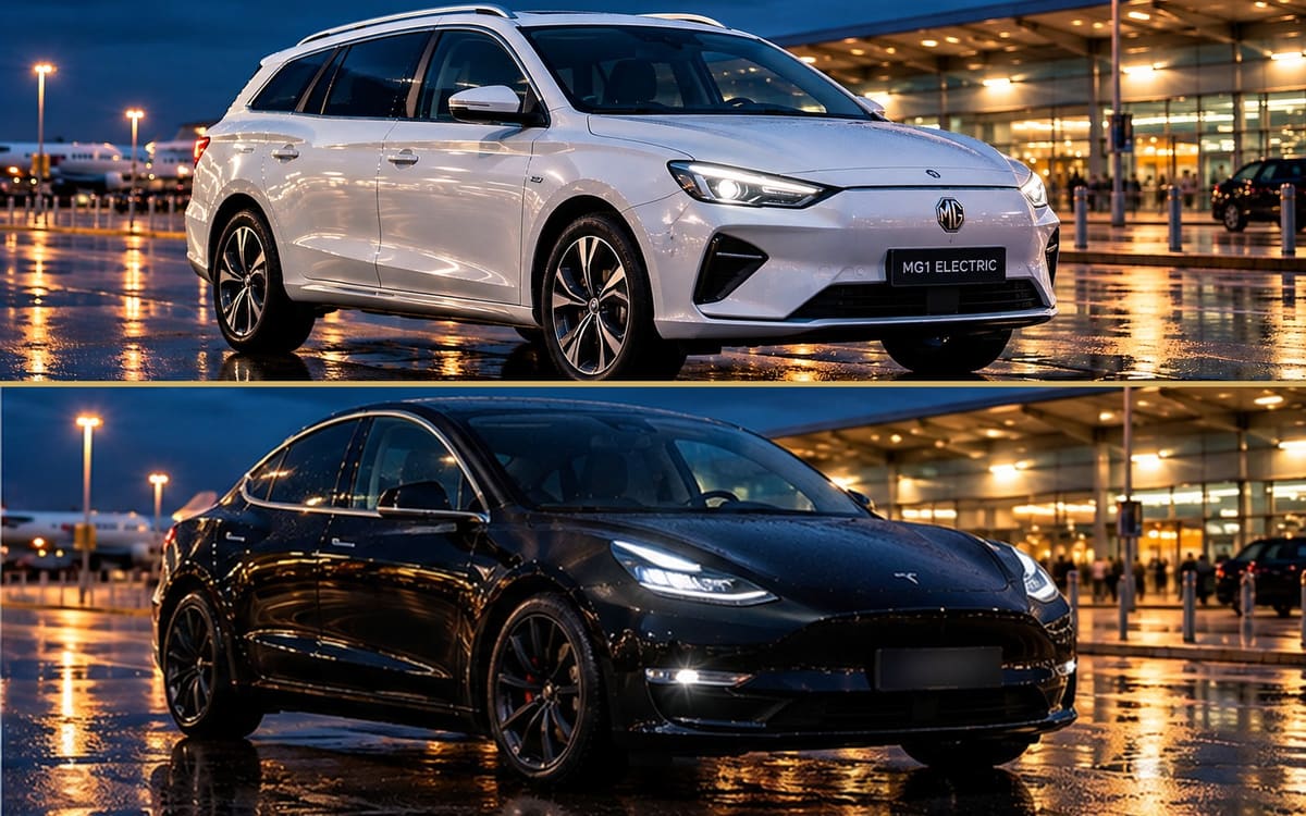 White MG electric estate and black Tesla electric car used for RTransfer electric airport transfers, parked outside Edinburgh Airport terminal at night