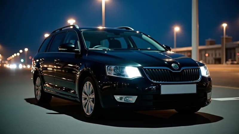 Black Skoda Octavia estate car with extra boot space for airport transfers, parked at the airport at night