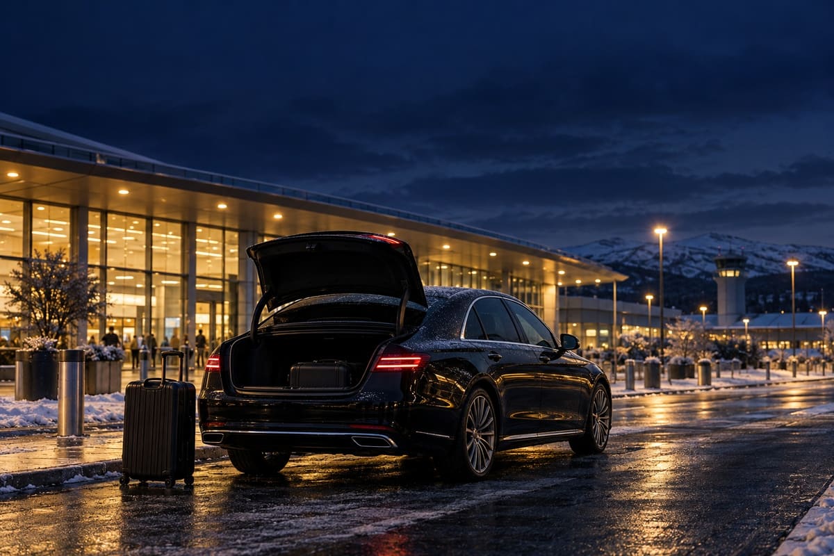 Black executive saloon with its boot open and a suitcase beside it outside a lit airport terminal on a frosty winter evening