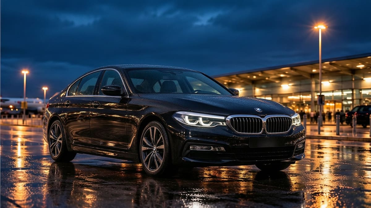 Black BMW executive saloon car for RTransfer business airport transfers, parked outside Edinburgh Airport terminal in the rain at night