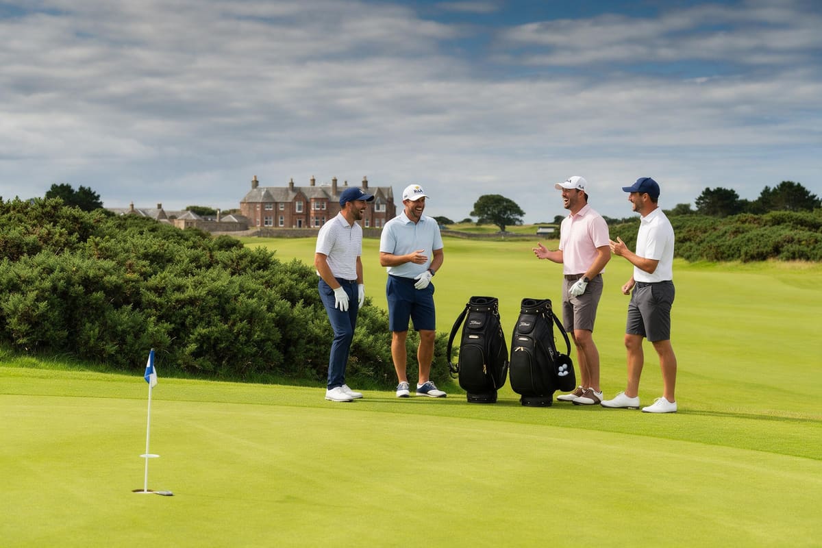 Four golfers laughing beside their golf bags on a Scottish links green, with a red sandstone clubhouse behind, at the start of a golf trip from Edinburgh