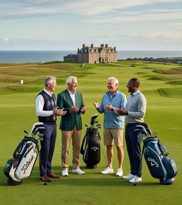 Four golfers with Titleist and Callaway golf bags on a seaside links course beside a stone clubhouse on the Scottish coast