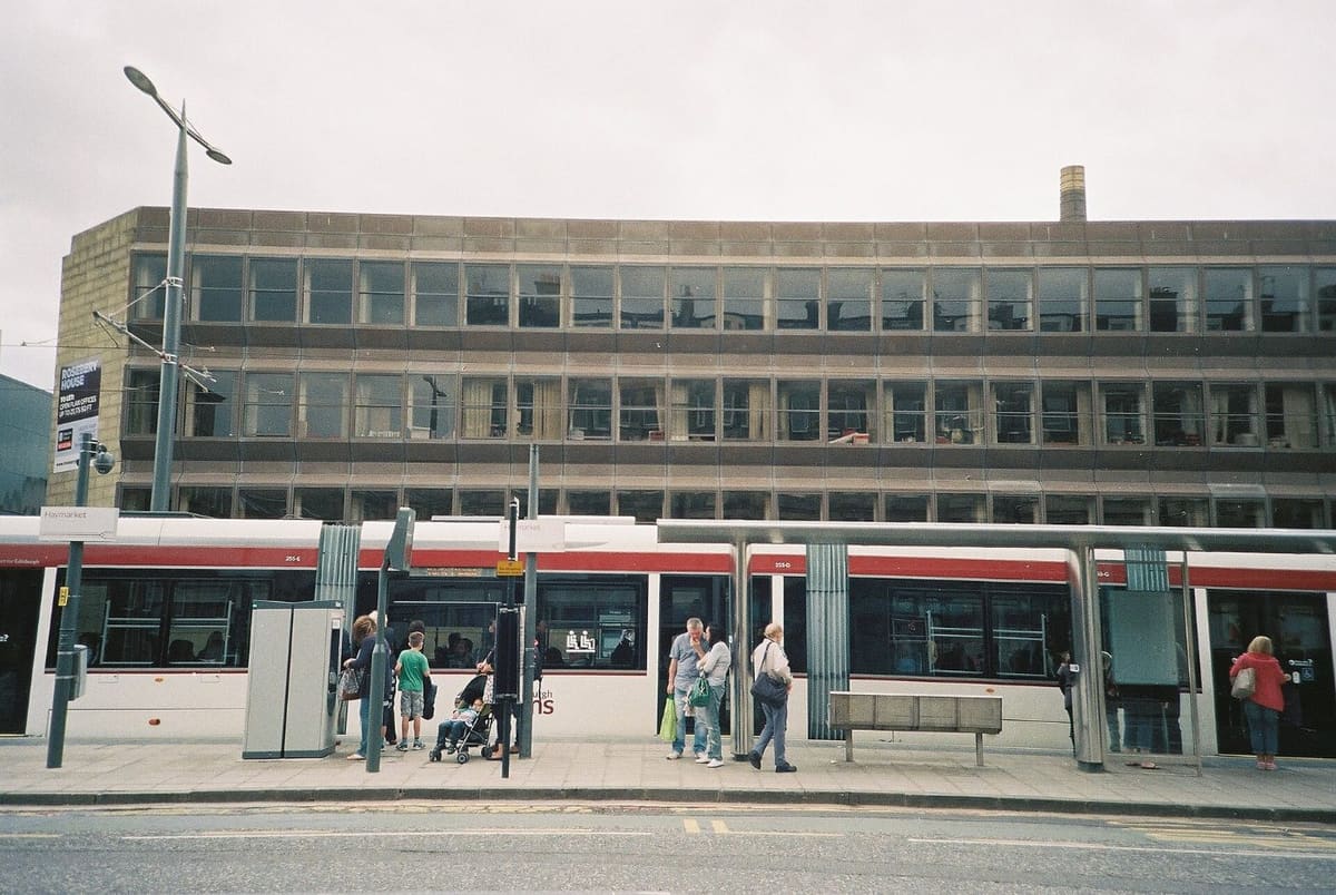 Edinburgh tram at the Haymarket stop, on the route from Edinburgh Airport to the city centre