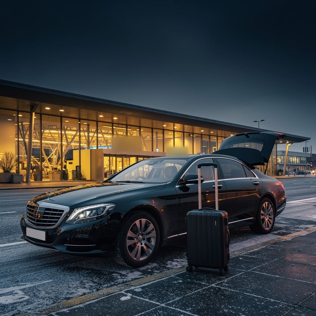 Black Mercedes executive saloon with a suitcase beside it at an airport arrivals kerb at dusk