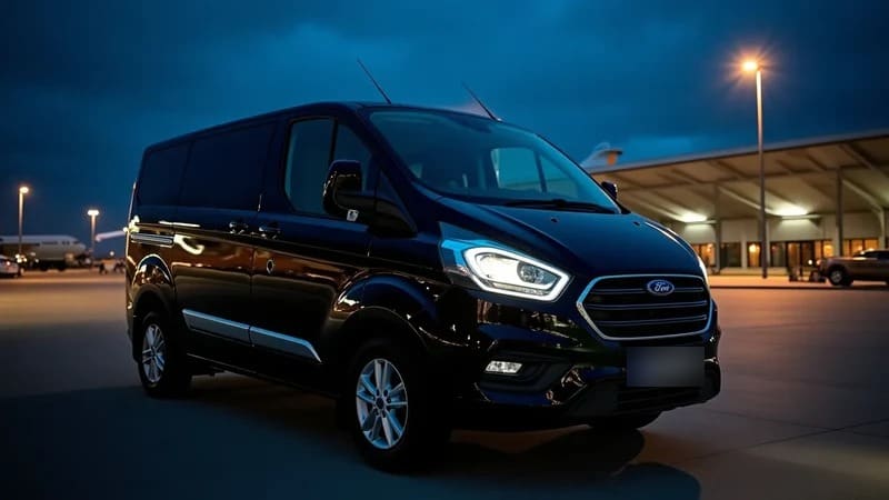 Black Ford Transit Custom minibus for group airport transfers, parked by the terminal at dusk