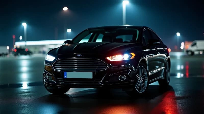 Black Ford Mondeo saloon car used for RTransfer Edinburgh Airport transfers, parked at night