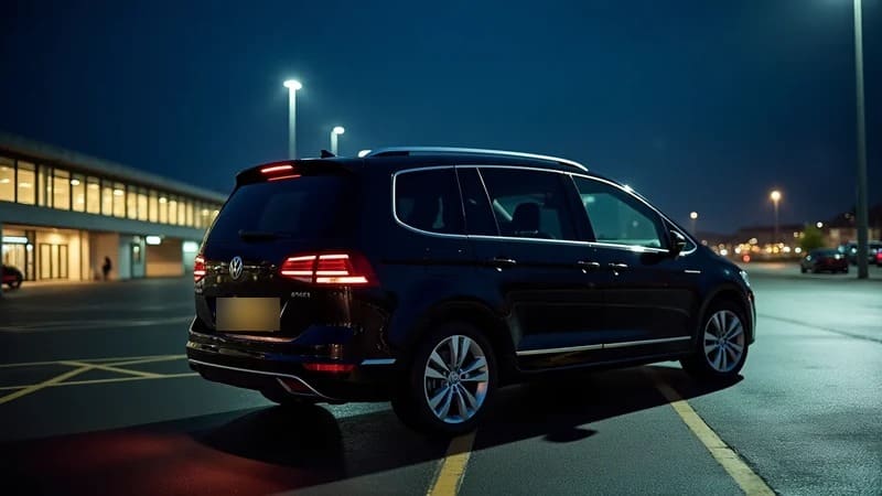 Black Volkswagen seven-seat people carrier parked outside an airport terminal at night